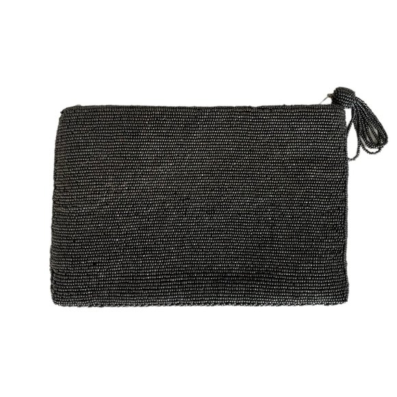 RARE gray+gold+black beaded Art Deco evening clutch handbag w/zipper tassel - Picture 5 of 6